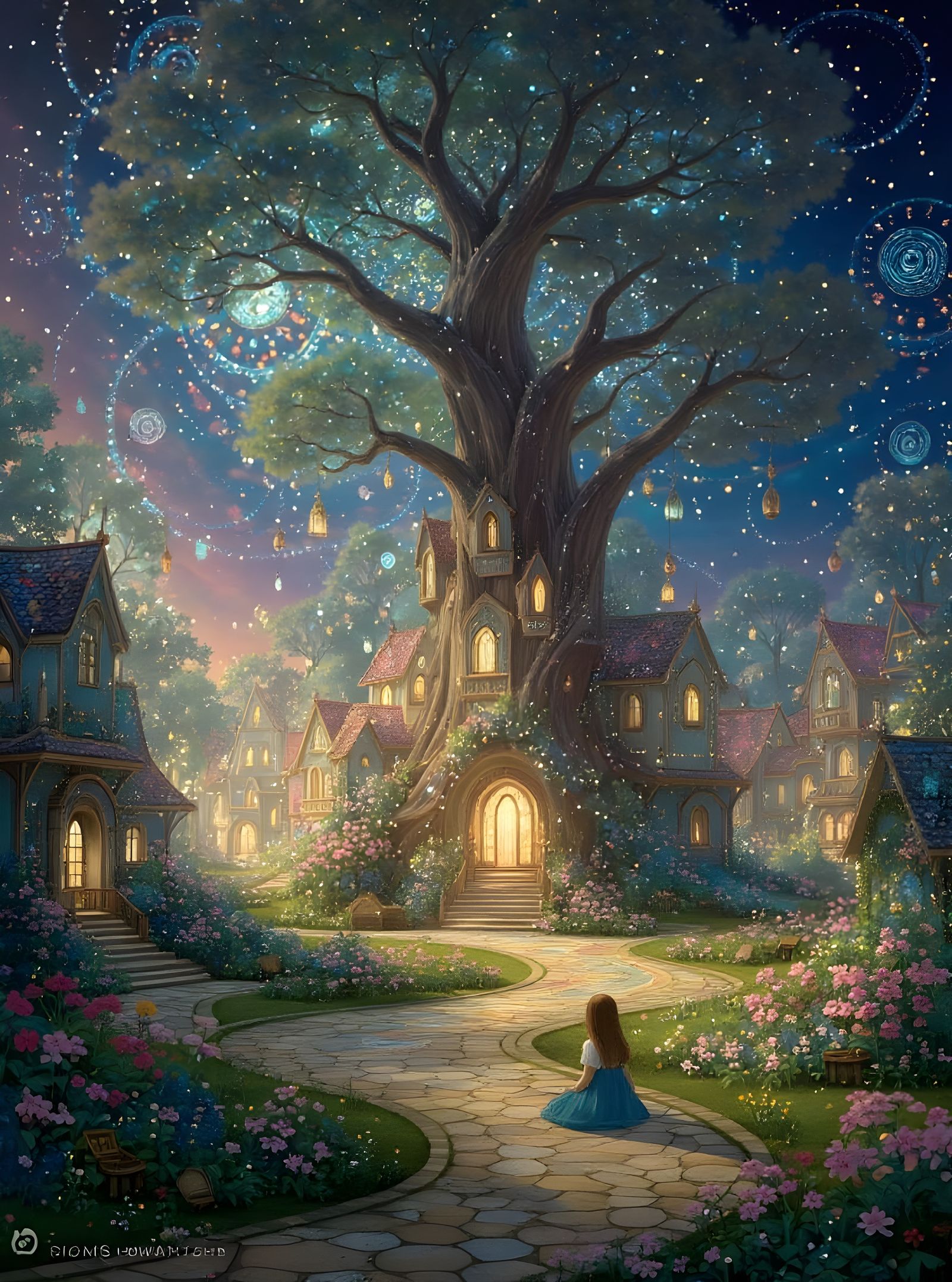 Enchanted Village at Twilight with Luminous Fairy Lights