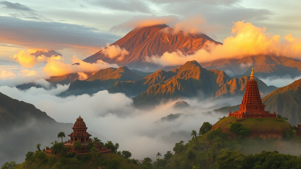 Misty Mountains and Temples in Golden Light