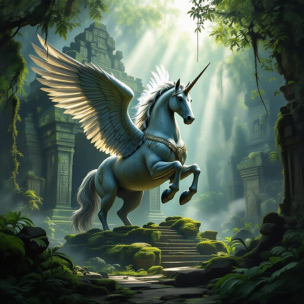 Ancient Granite Pegasus Guards Overgrown Temple