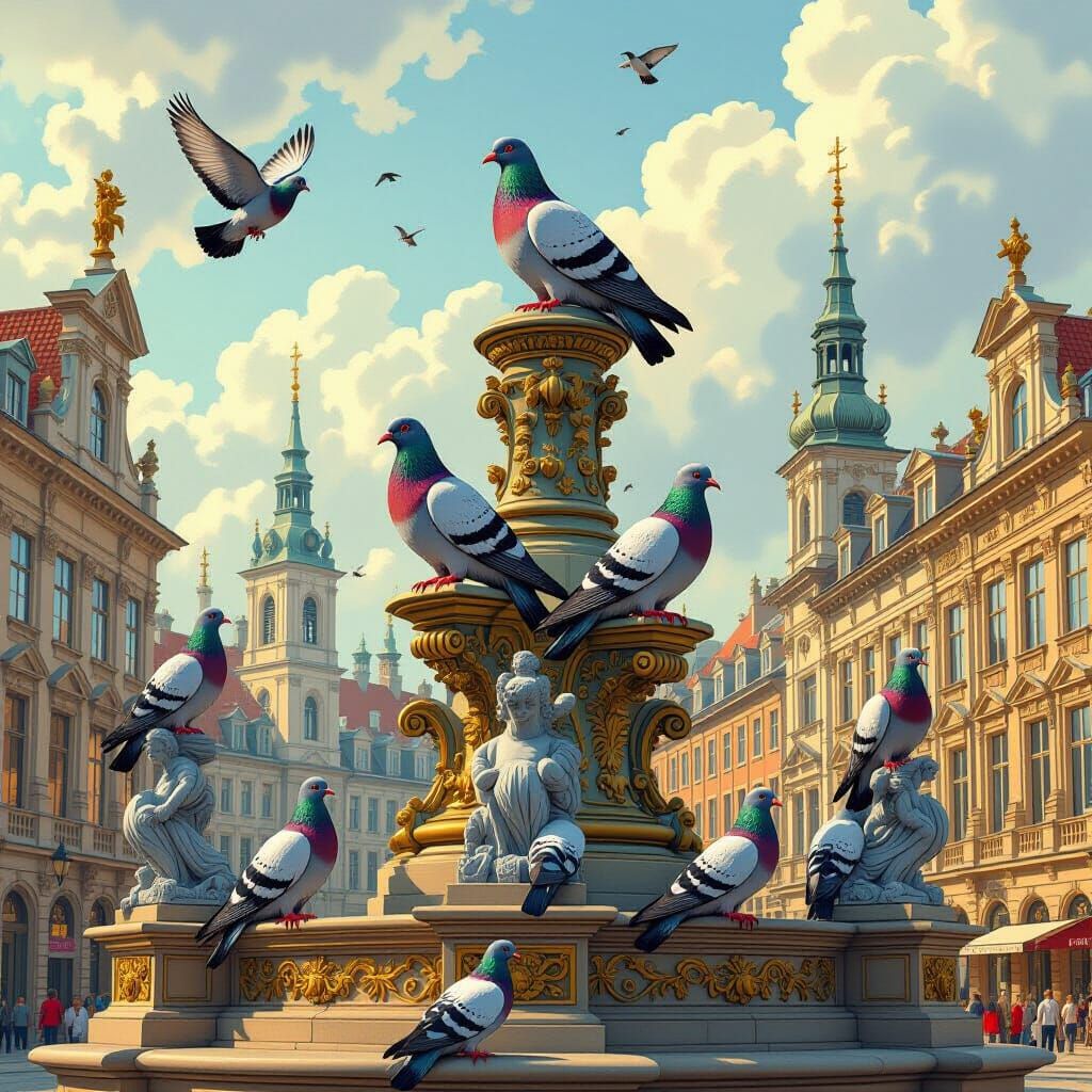 Pigeons on Ornate Statues in Classical Square