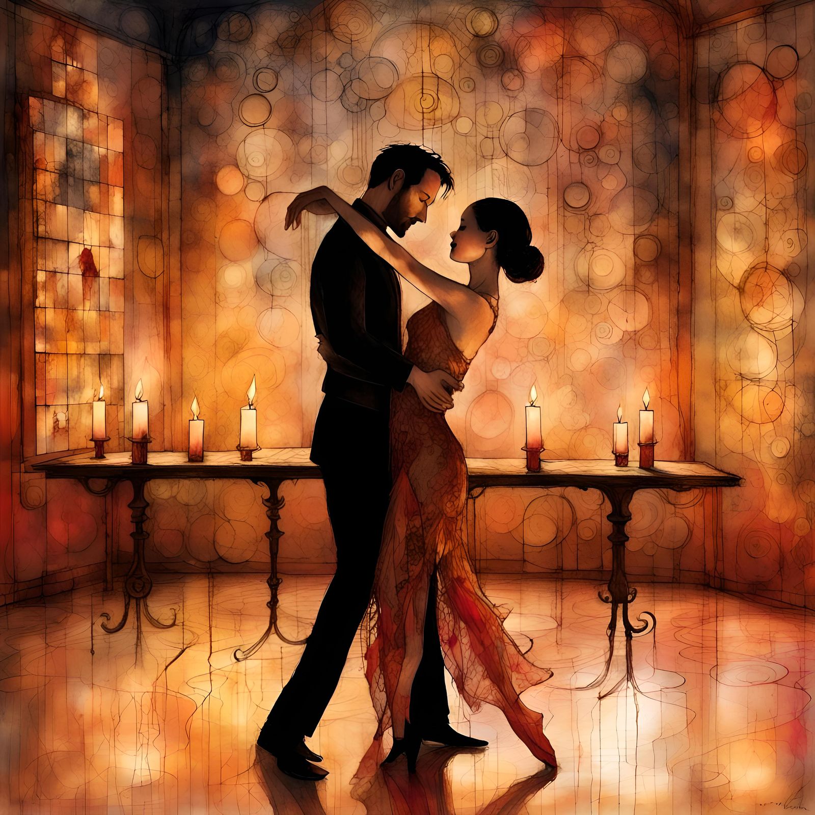 Couple Dancing in Candlelight: Art Brut Illustration