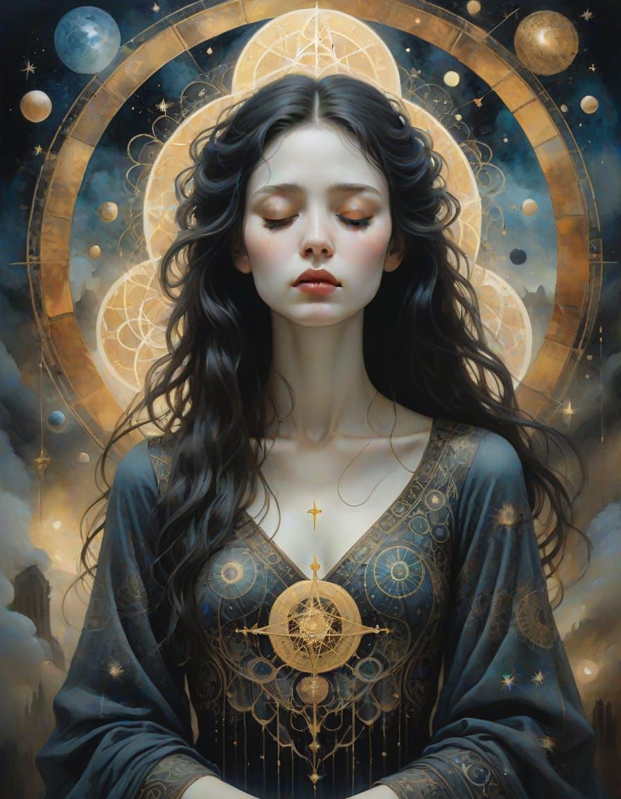 Surreal Gothic Woman Amidst Celestial and Alchemical Symbols