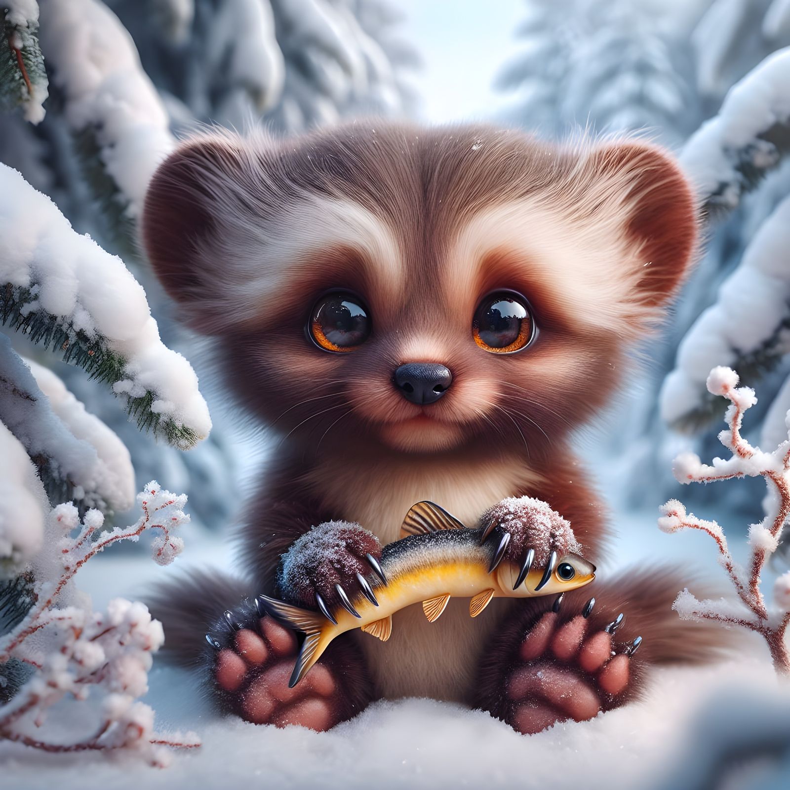 Cute Baby Wolverine Holds Fish in Snowy Forest