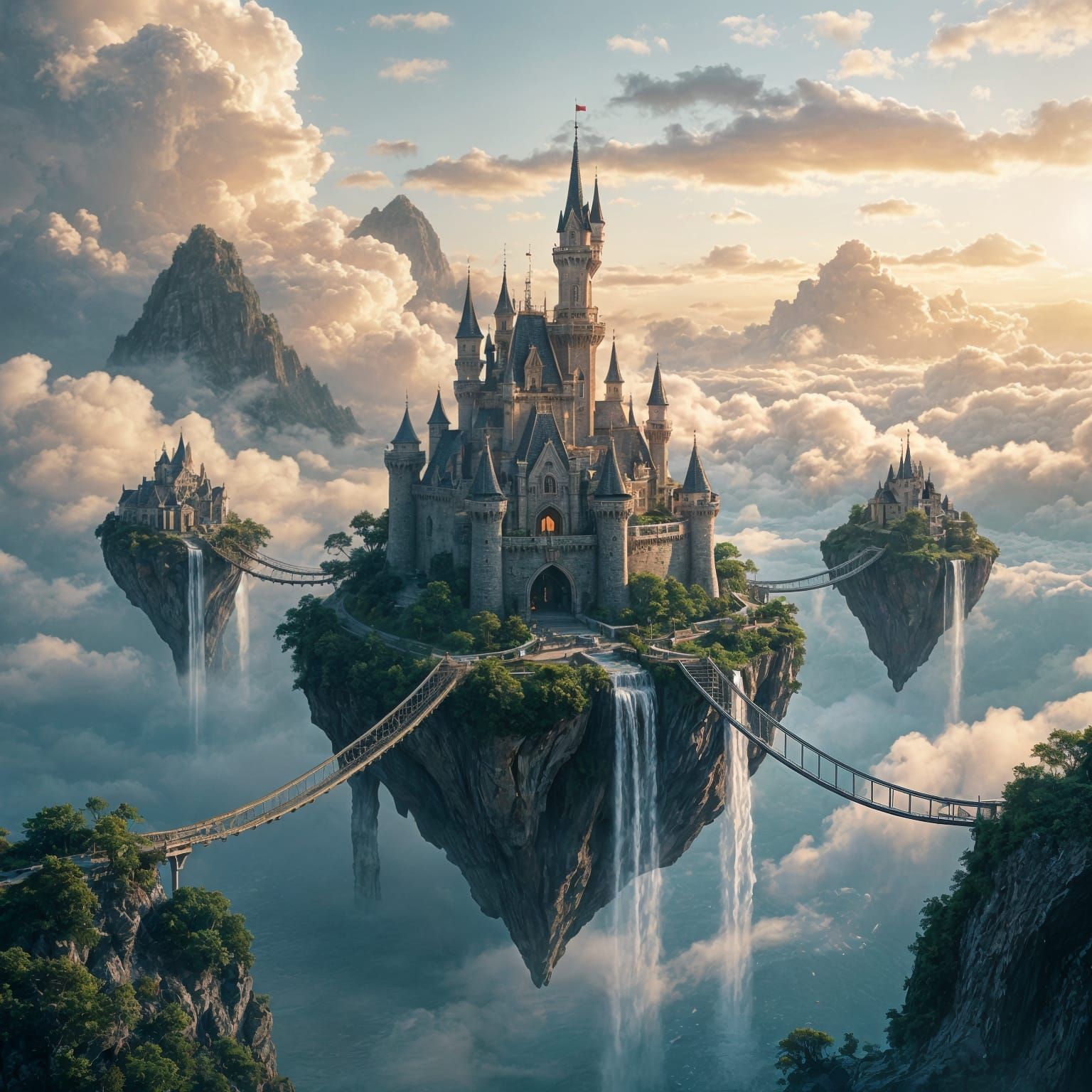 A cluster of small islands connected by rope bridges floatin...