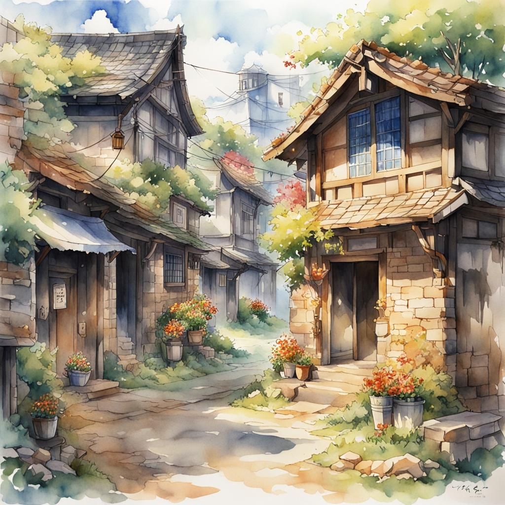 Ruined Village Street Corner in Anime Style