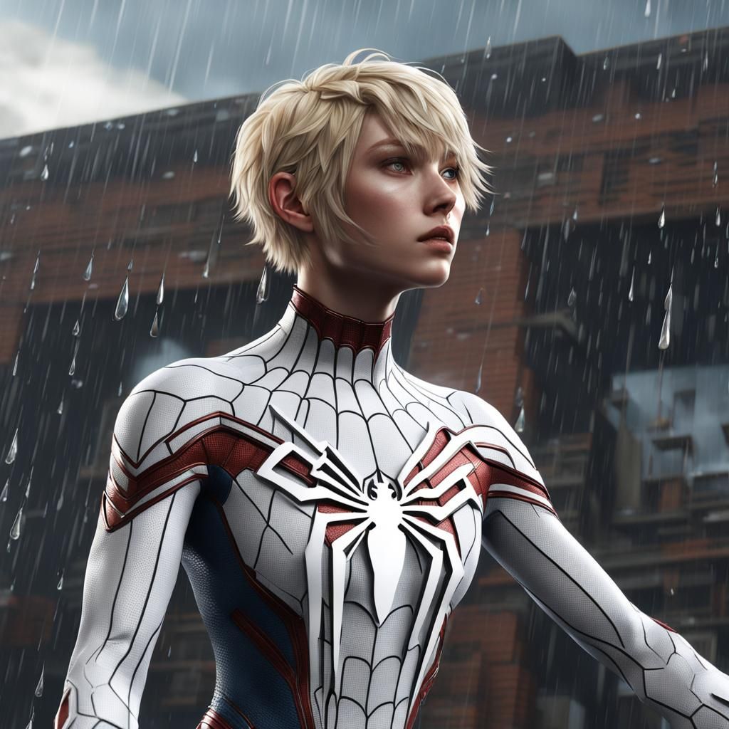 Girl in White Spider-Man Suit on Rainy Roof