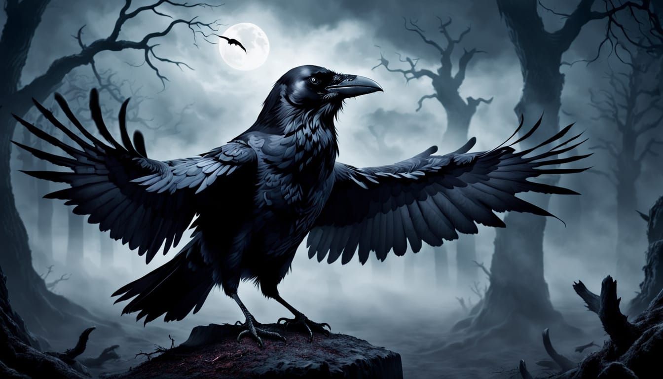 Mysterious Dark Fantasy Raven in a Haunting Ethereal Nightma...