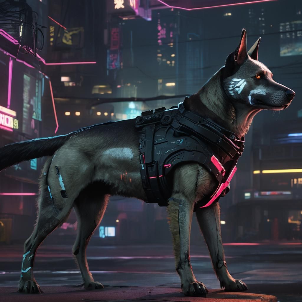 Cyberpunk Dog in Neon Cityscape