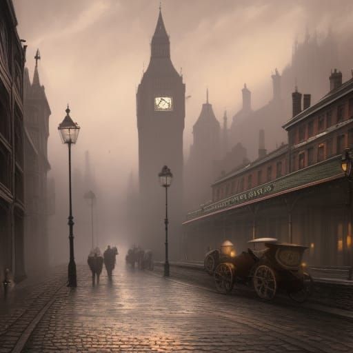 Misty London Street, 1880s Fantasy Concept Art