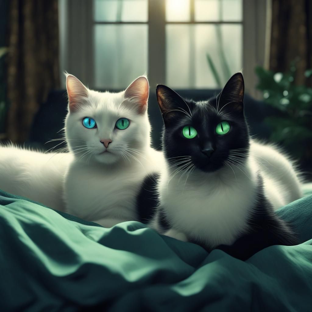 Cats with Different Eye Colors Lying on Bed