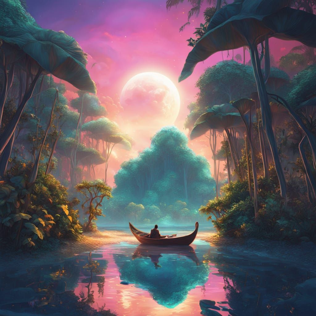 Man with Harp by Tropical Sea in Futuristic Fantasy Style