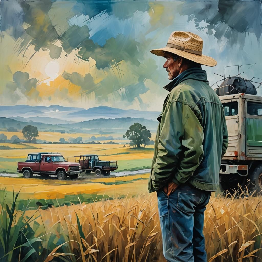 Farmer Gazing at Misty Countryside as Acrylic Painting
