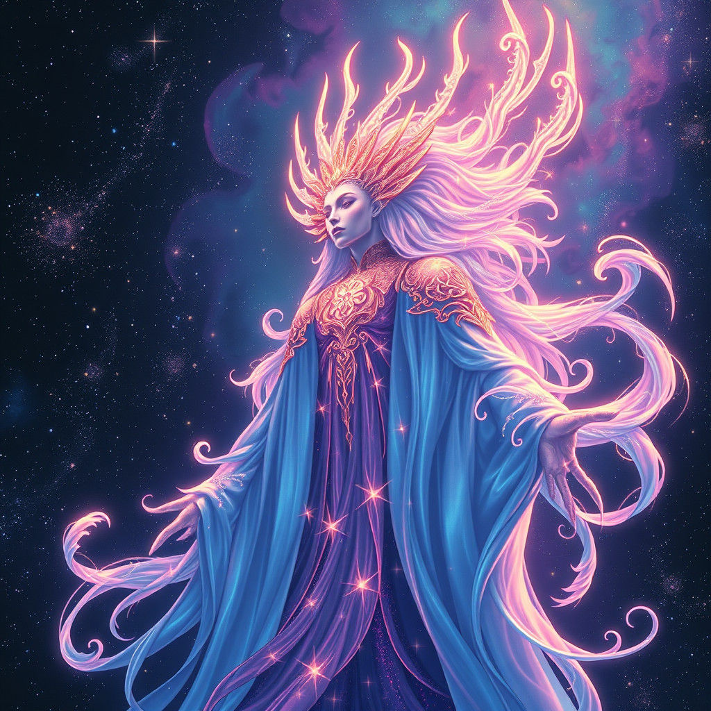 Ethereal Cosmic Being in Vibrant, Starry Expanse