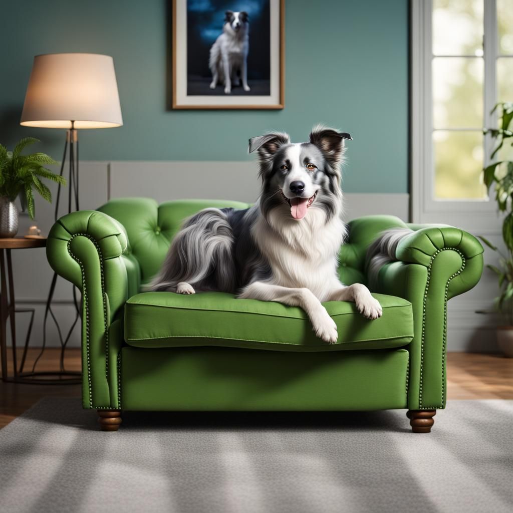 Smiling Blue Merle Border Collie on Modern Sofa