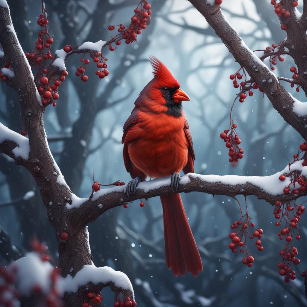 Cardinal in Snowy Tree: Detailed Matte Painting