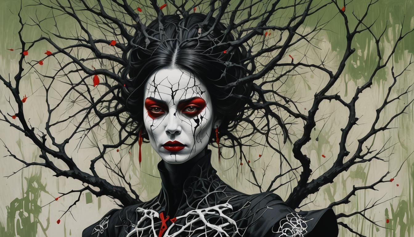 Ethereal Woman with Branch Hair in Miro Landscape