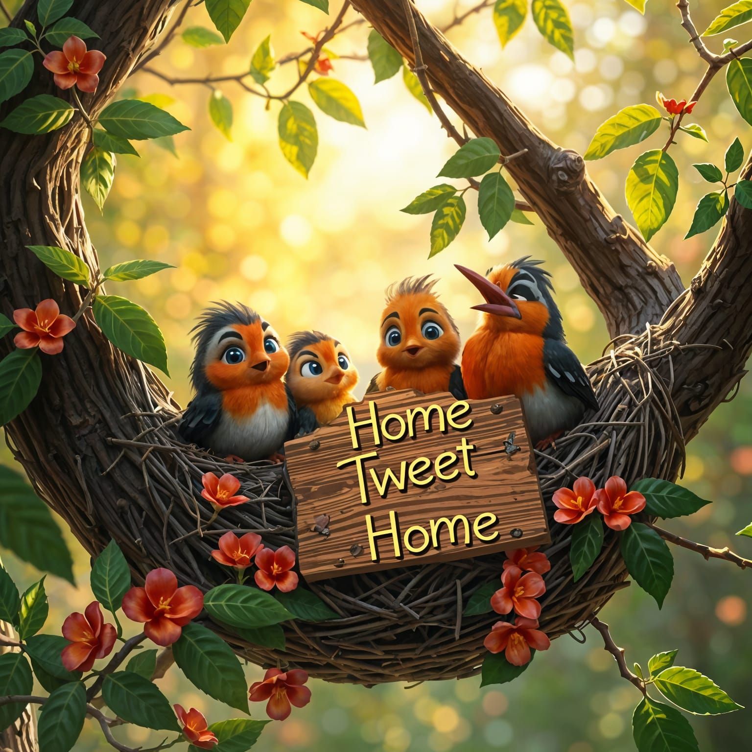 Silly Robins in a Whimsical Forest Nest