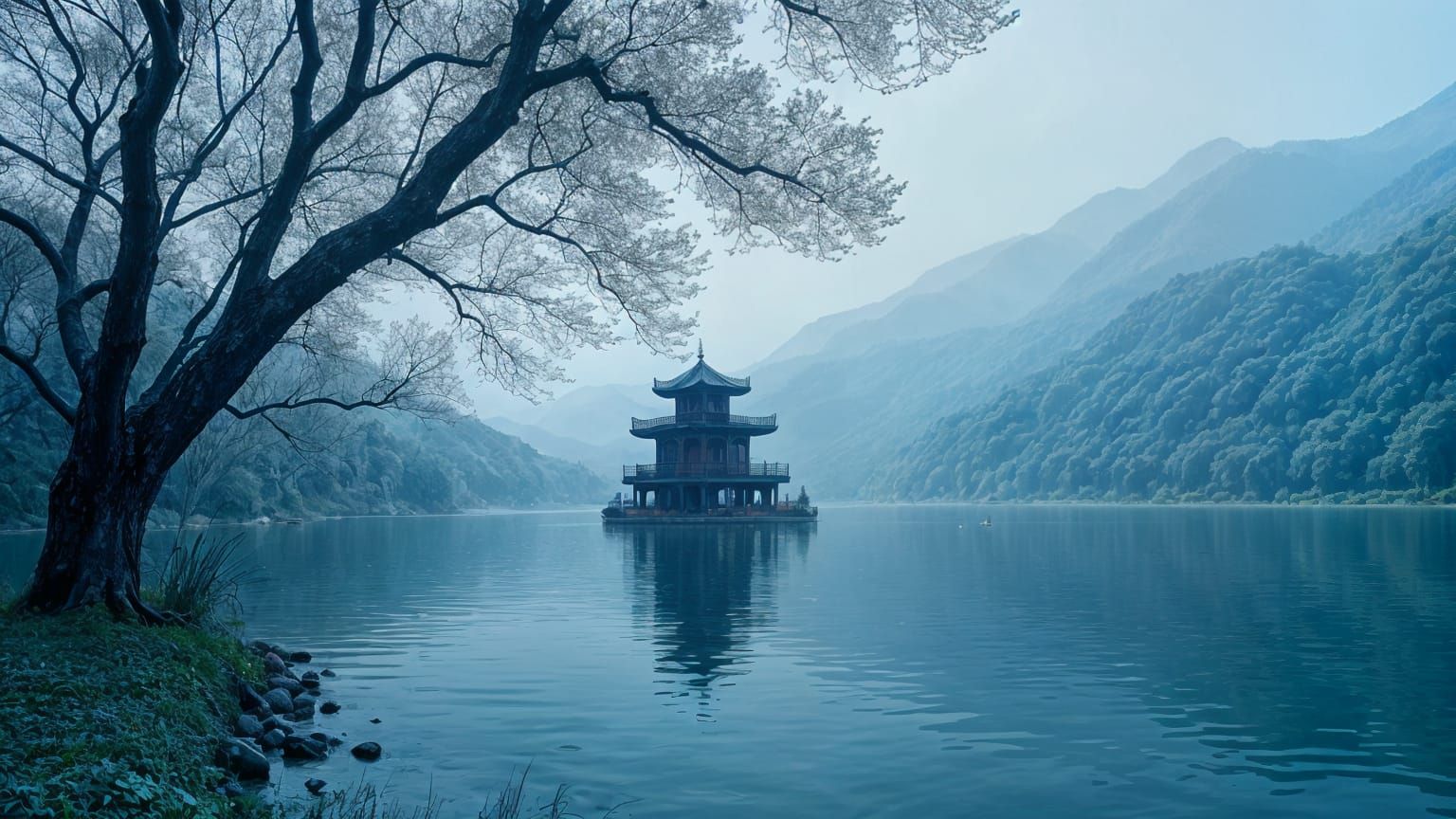 Pagoda Reflection in Lake Srinagar: Cyanotype Creation