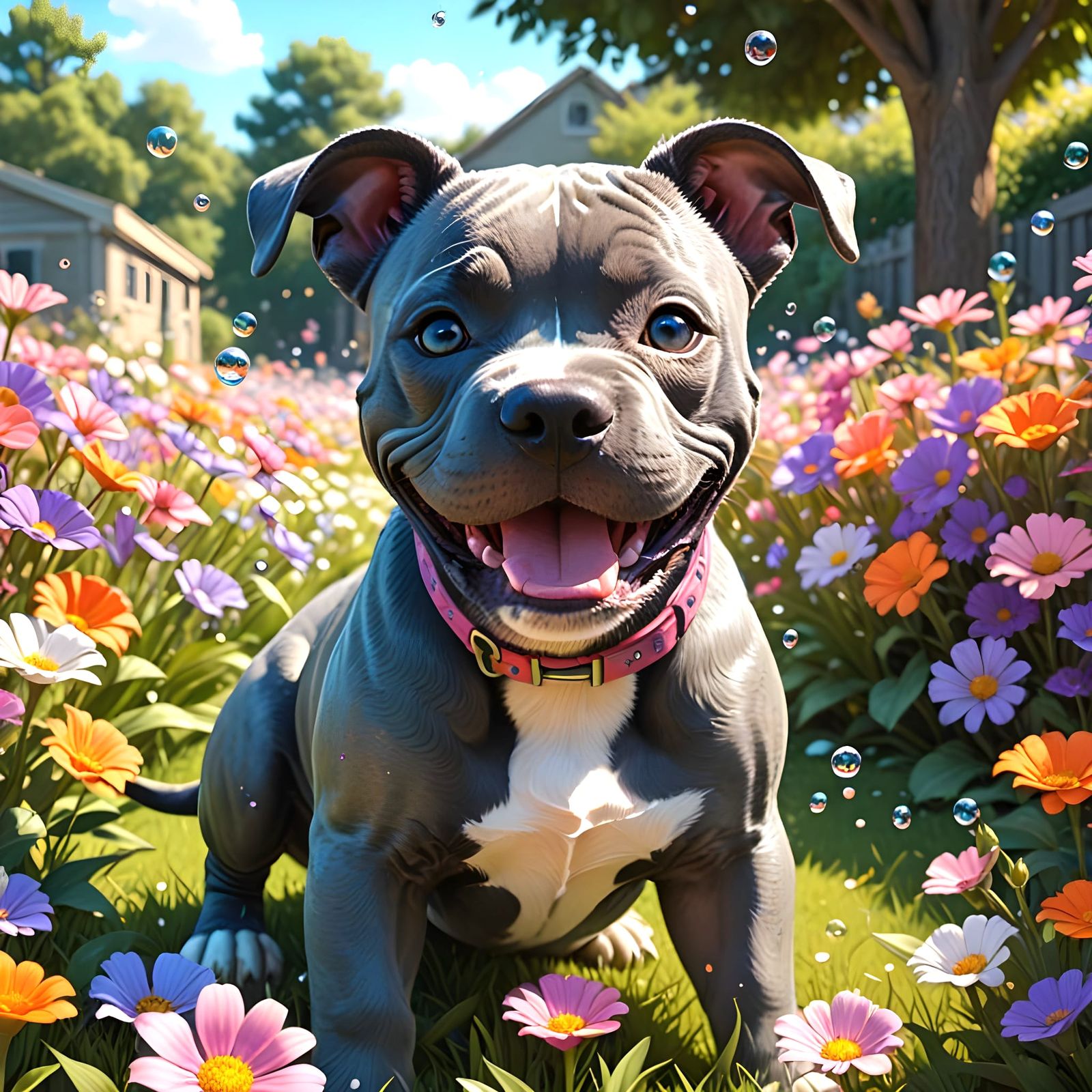 Happy Grey Blue Amstaff Puppy Rolls in Vibrant Flower Garden