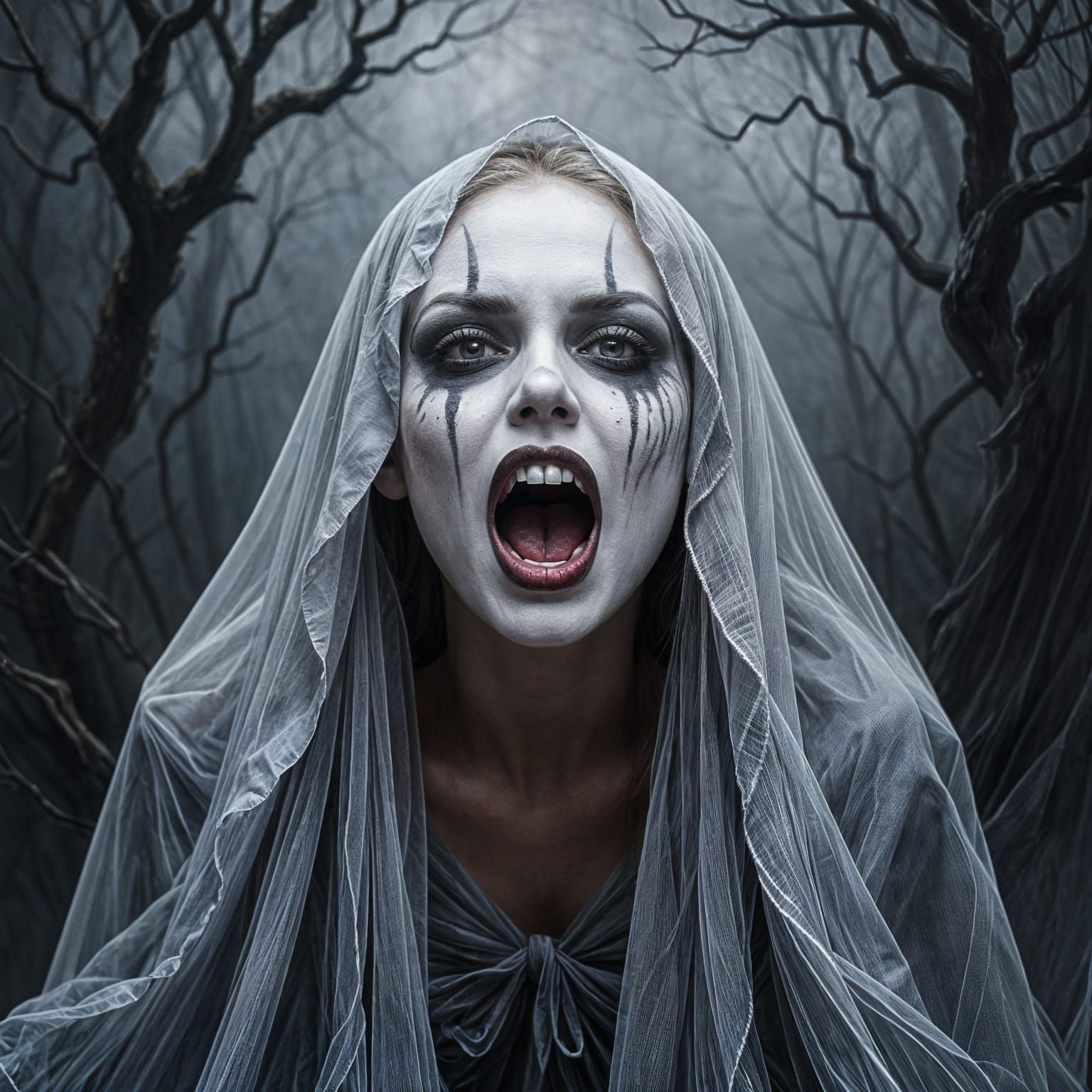 Screaming Banshee Woman in Shadowy Forest, Dark Fantasy Art