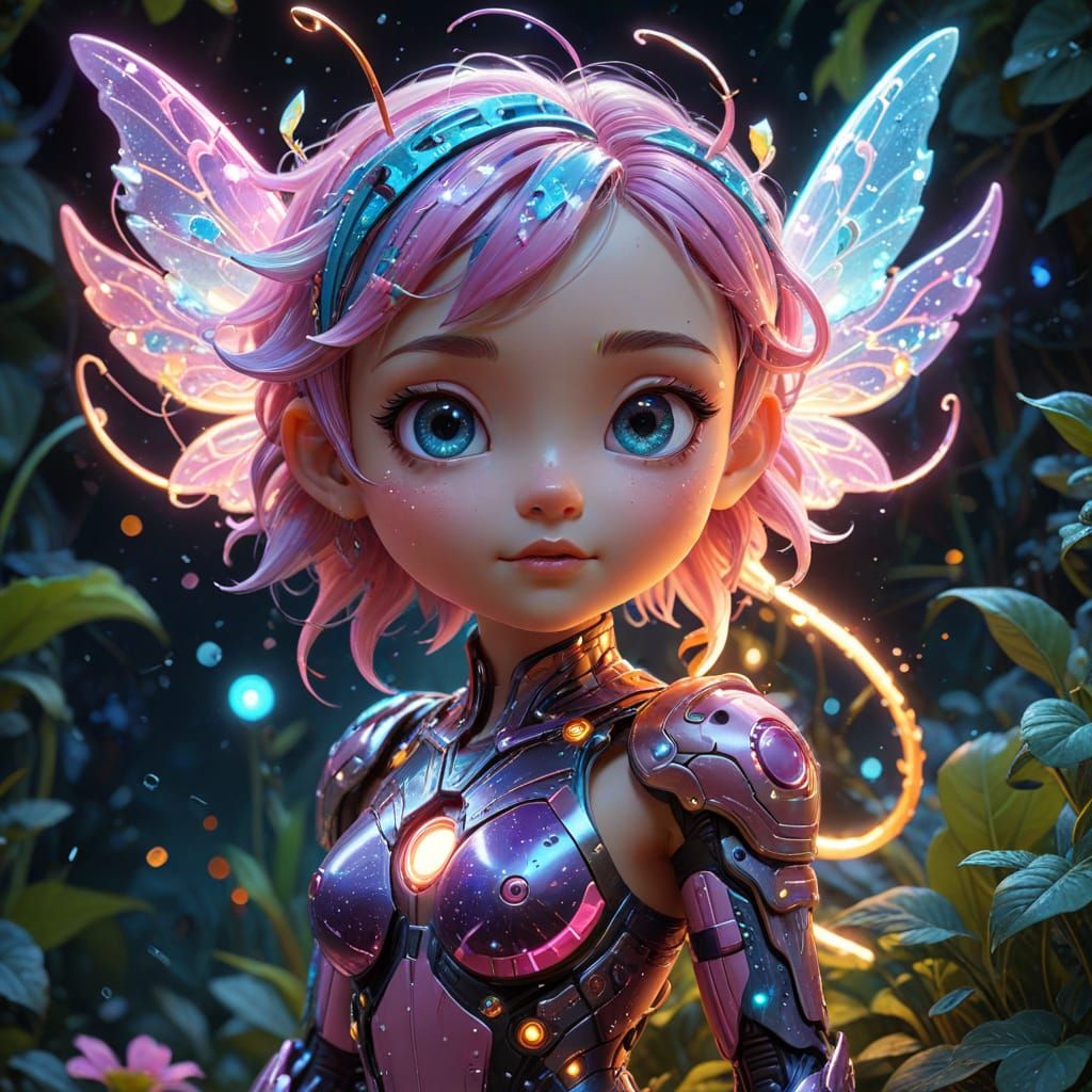 Chibi Cyborg Fairy Tending Glowing Circuit Garden