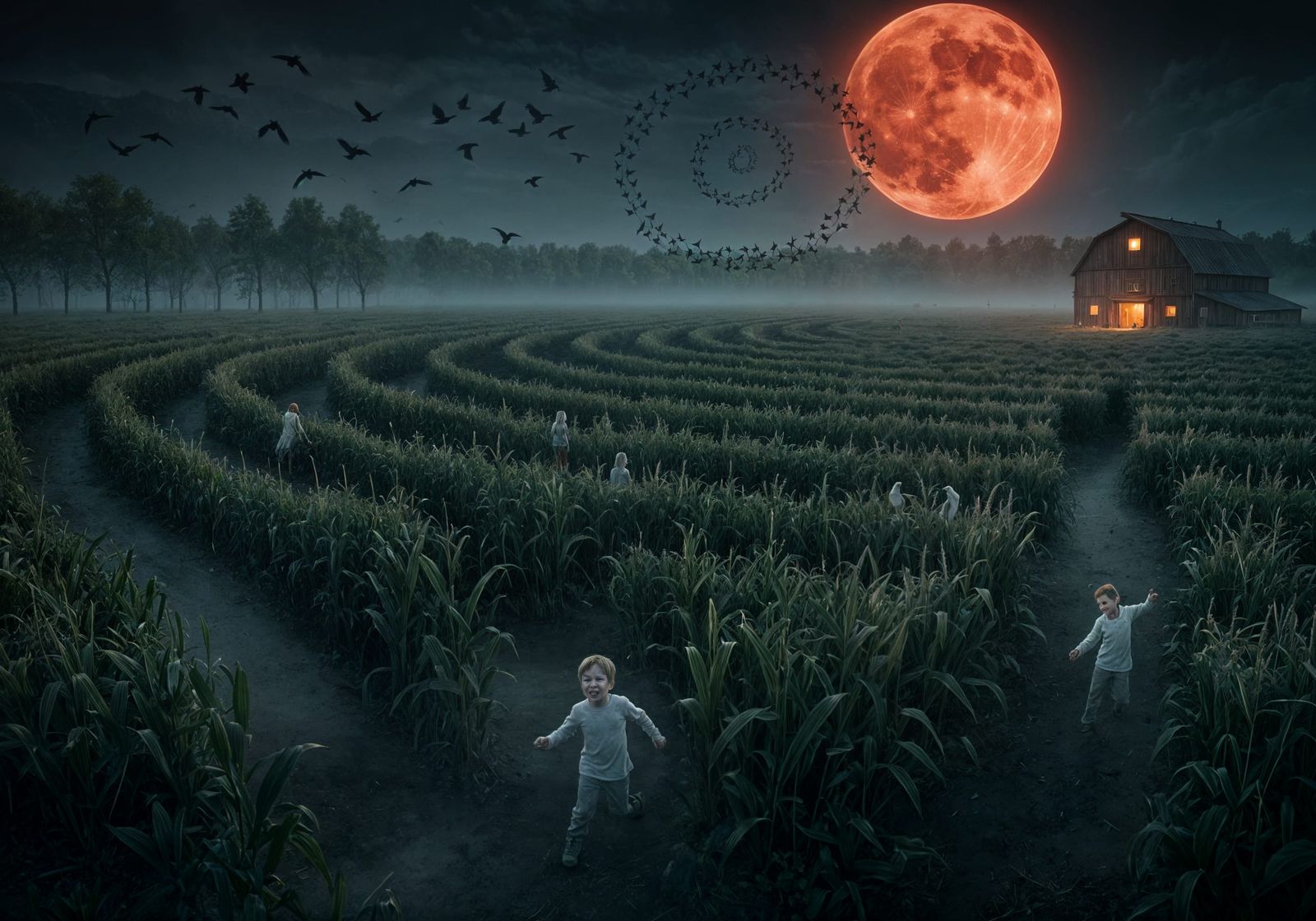 Haunted Corn Maze Under Blood Moon