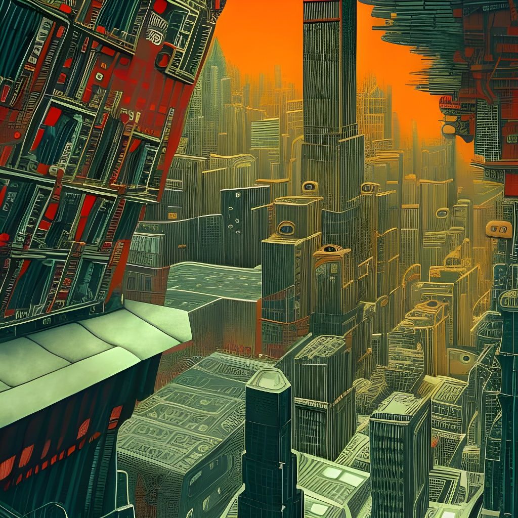 Red Monster in Futuristic Metropolis: Isometric Mixed Media