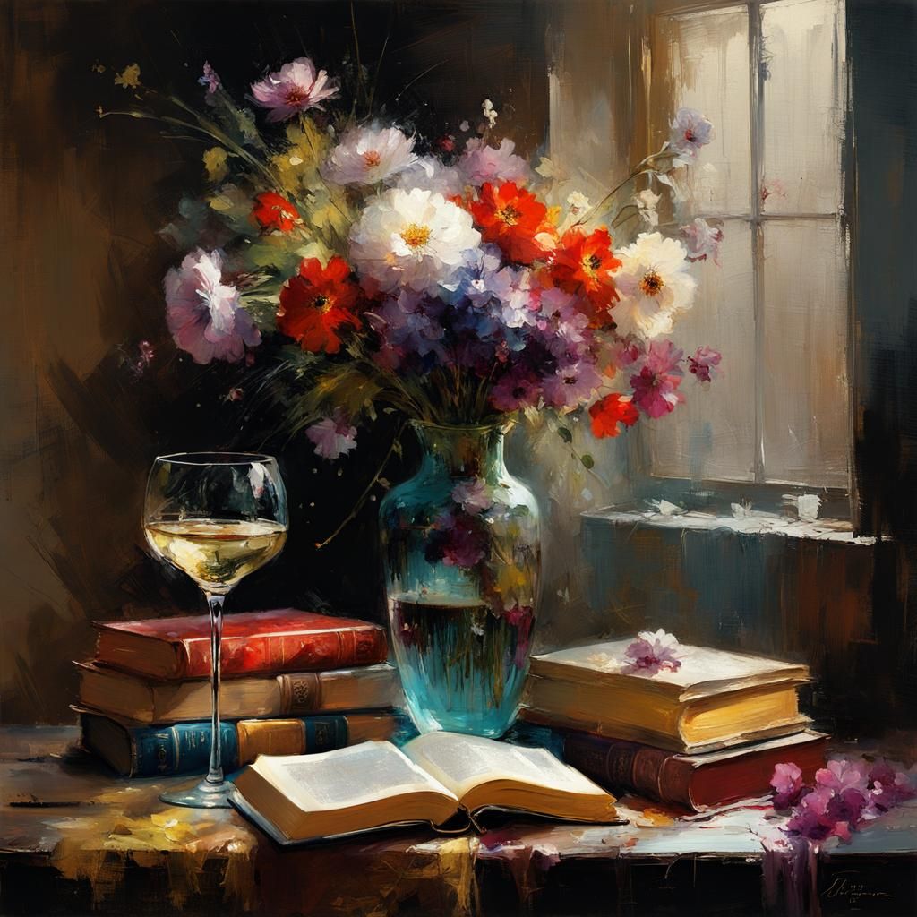 Floral Still Life Painting with Dramatic Lighting