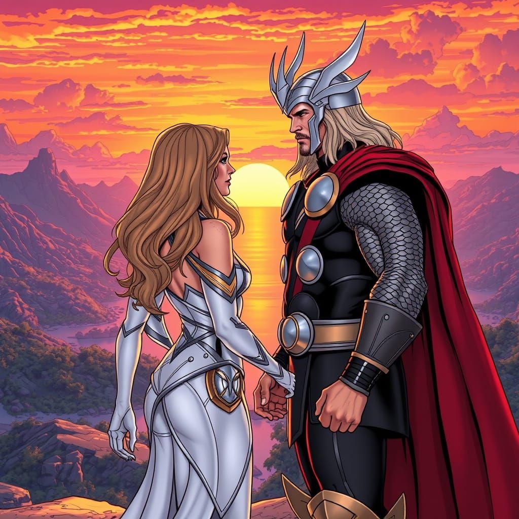 Thor and Emma Frost Soar Above Paradise at Sunset