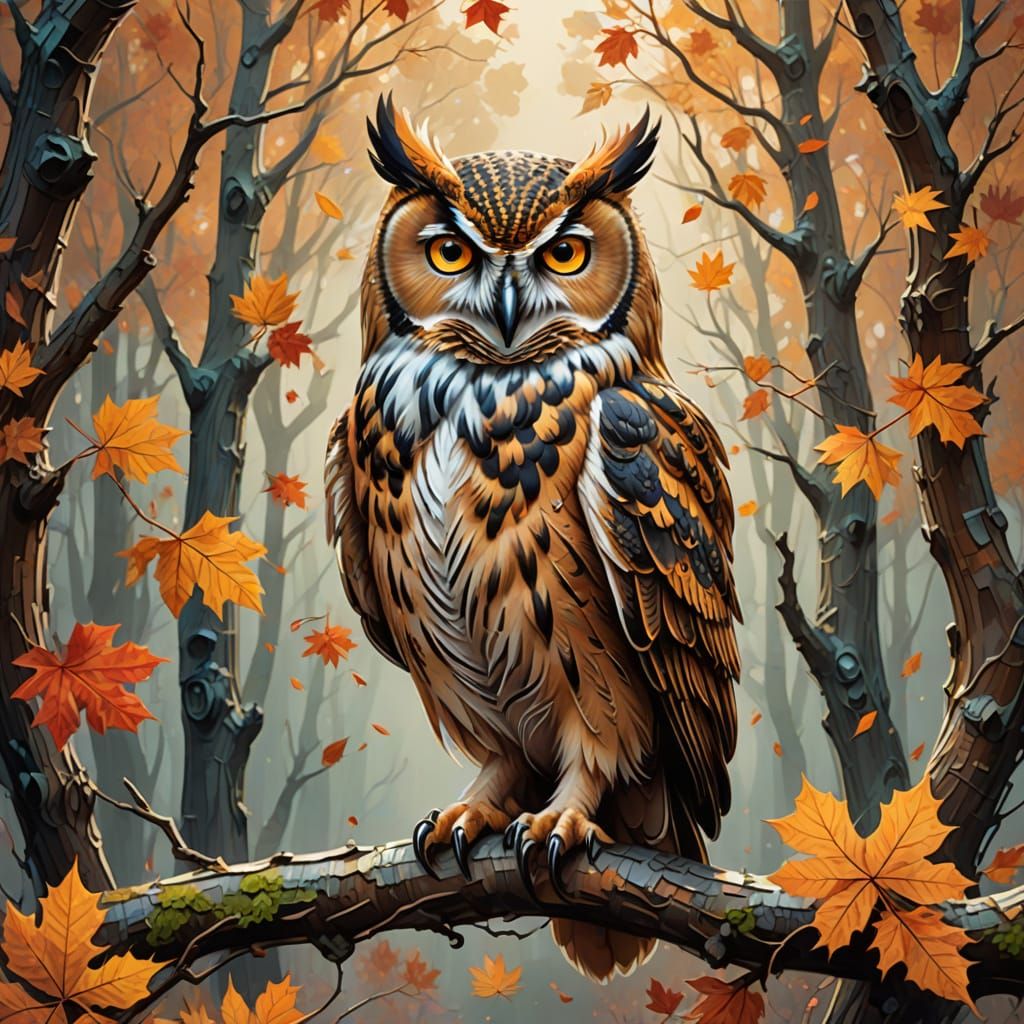 Majestic Owl Perched in Autumn Forest, Inspired by Arcane's ...