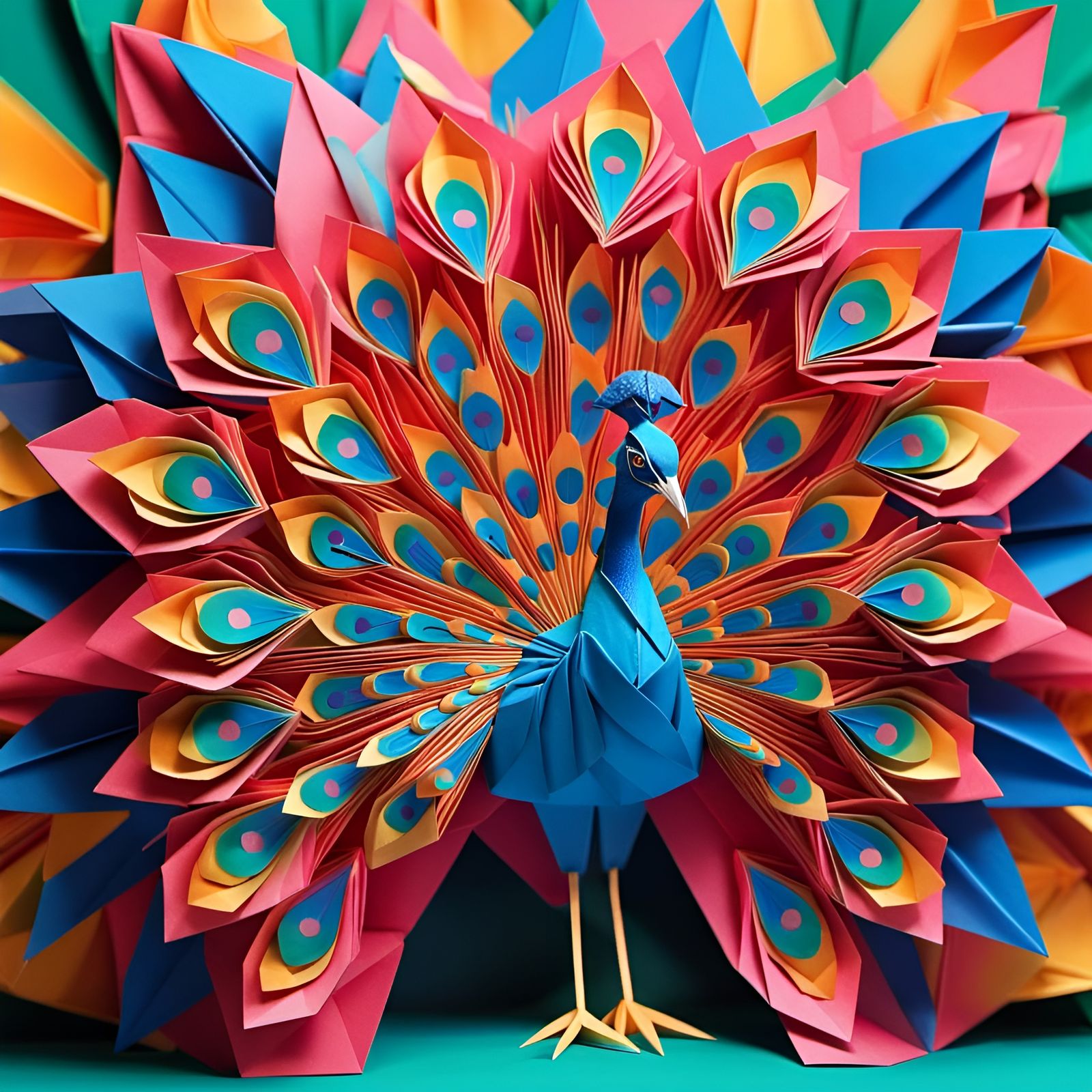 Hyperrealistic Origami Peacock in Colorful Detail