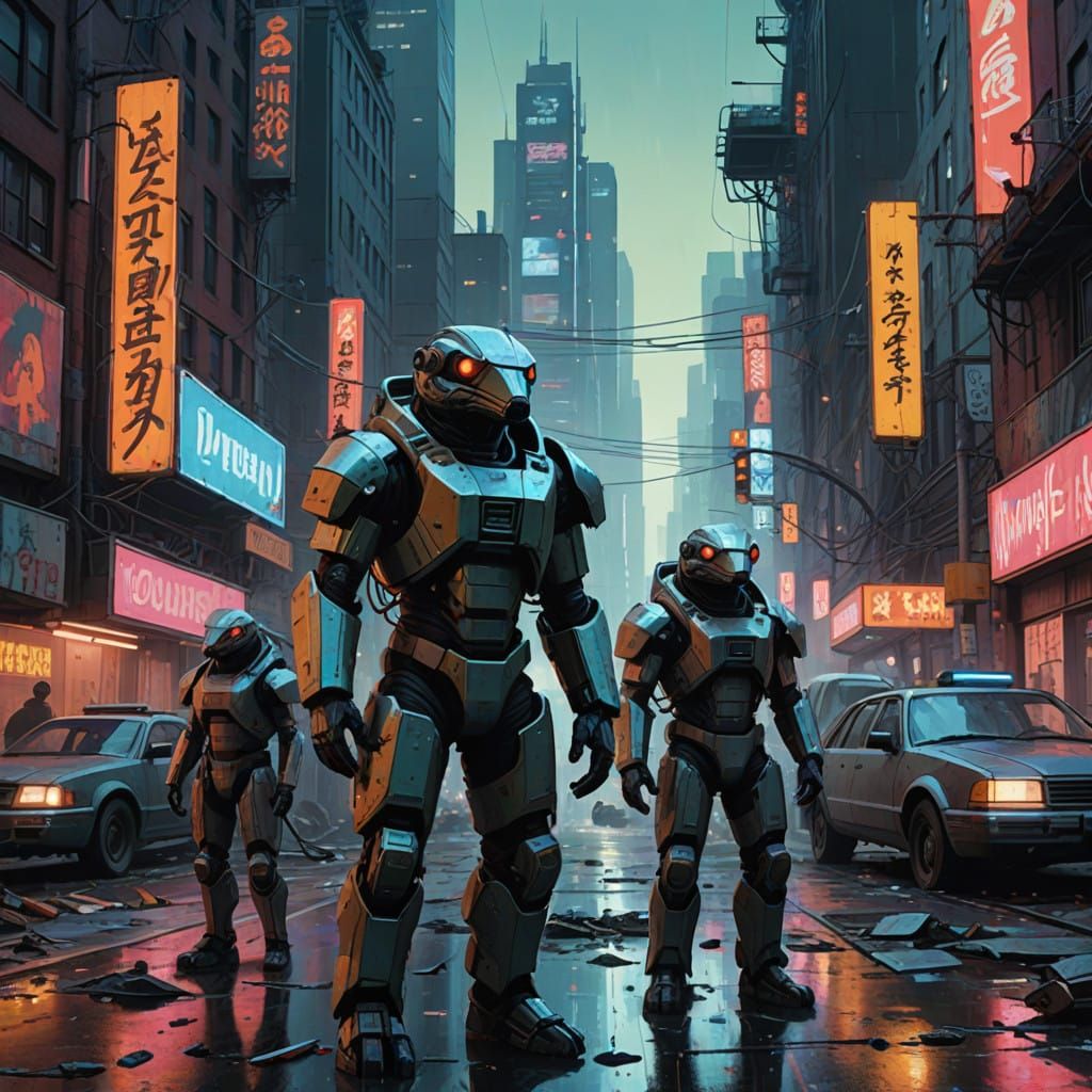 Mongoose Mafia: a realistic portrait of a gang mongoose thugs, adorned in inexpensive sci-fi armoring knives and chains,...