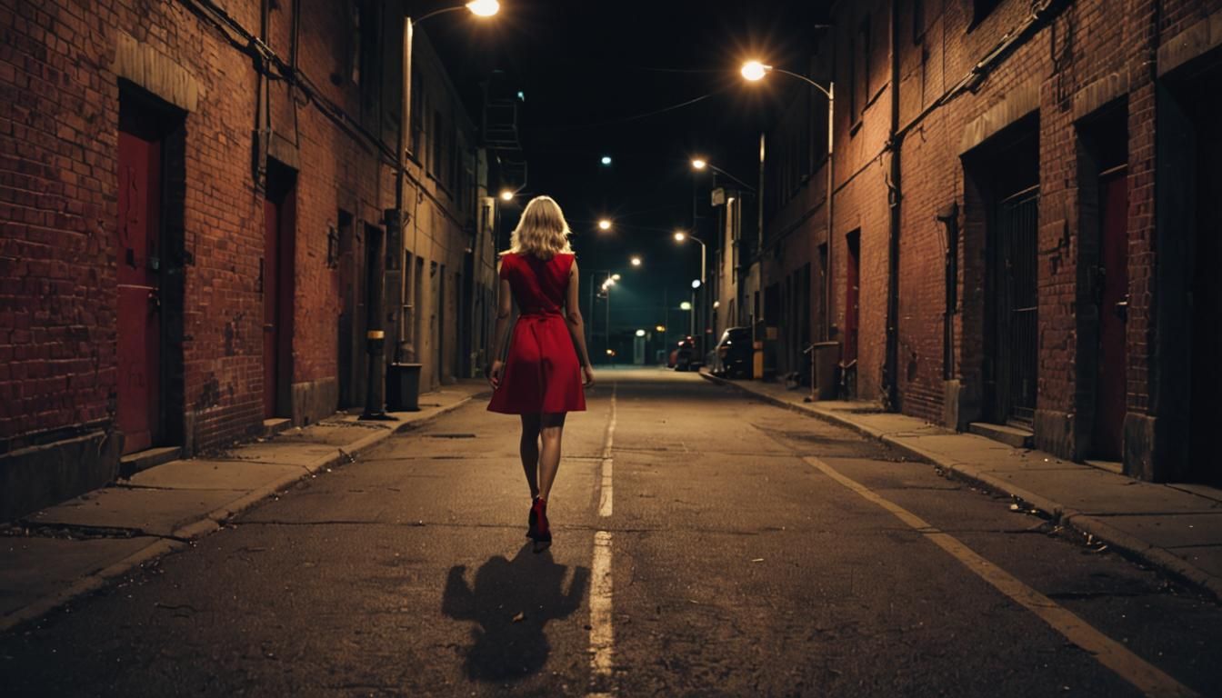 Eerie Night Walk: Lonely Girl in Industrial Landscape