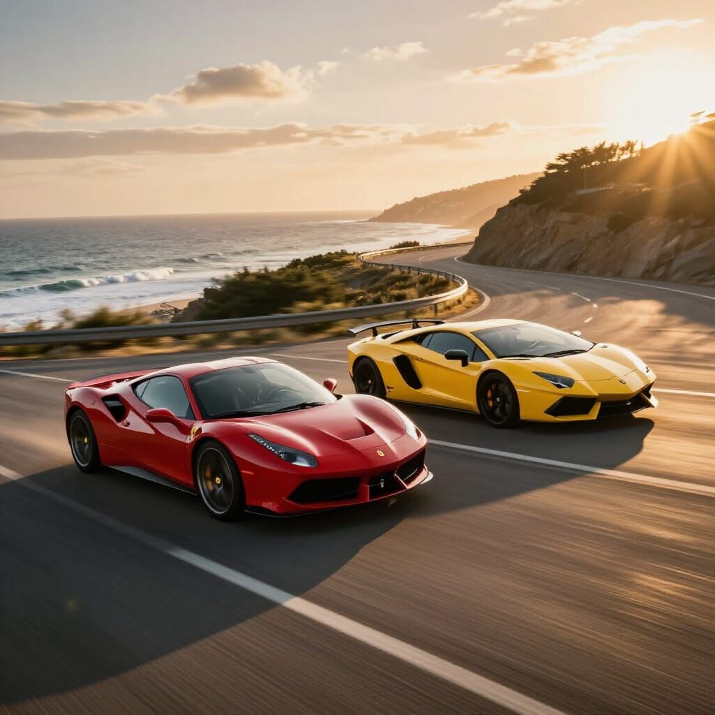 Ferrari vs Lamborghini Coastal Highway Race in Golden Hour