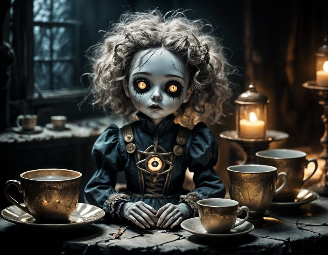 Creepy Porcelain Doll in Dark Room, Anime Style