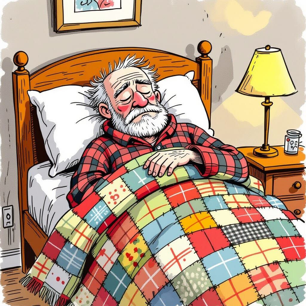 Grumpy Old Man Snoozing with a Cold in Cozy Bedroom