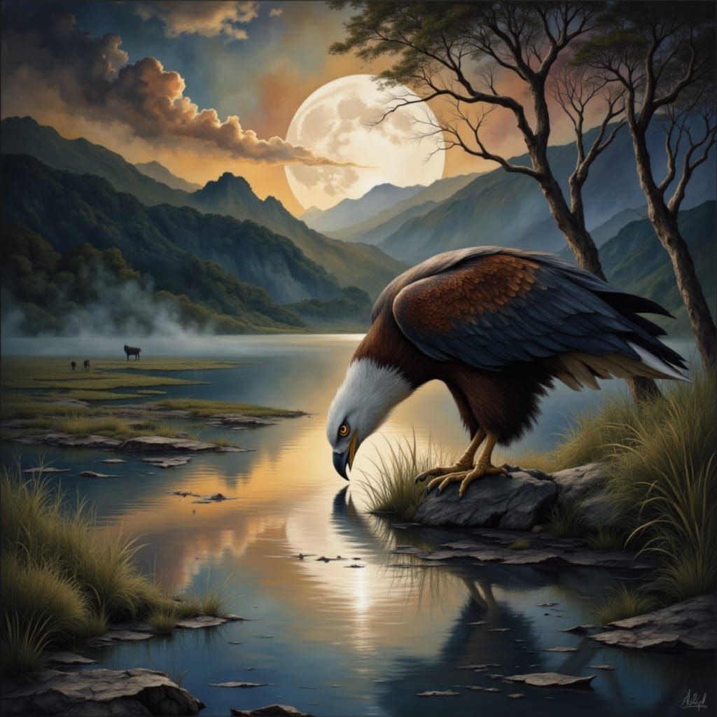 Majestic African Fish Eagle at Moonlit Lake