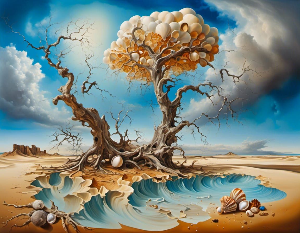 Surreal Desert Landscape with Bare Tree in Oil