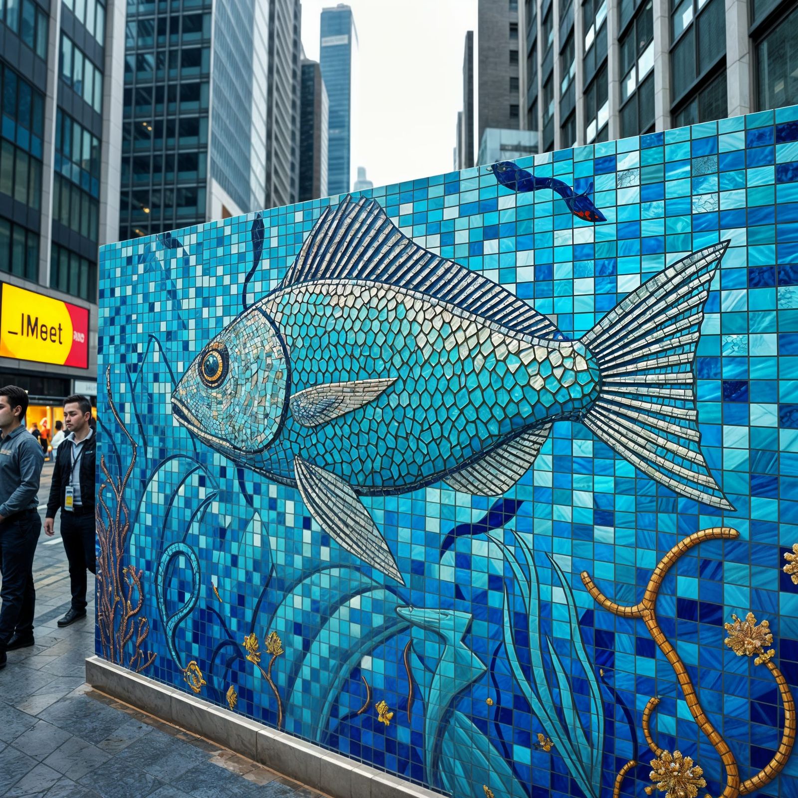Glass Tile Mosaic Wall in City with Fantastical Fish Art