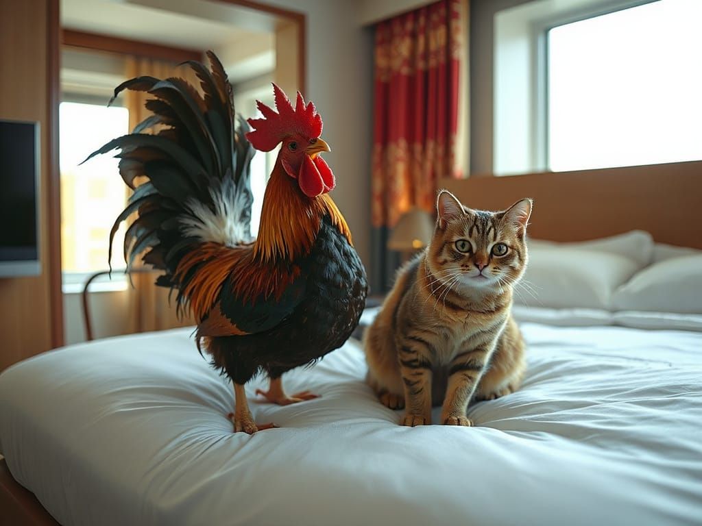 Rooster and Cat in Hotel Room, Fashion Photo