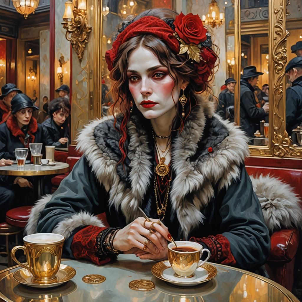 Glamorous Homeless Woman in Cafe, Klimt Style