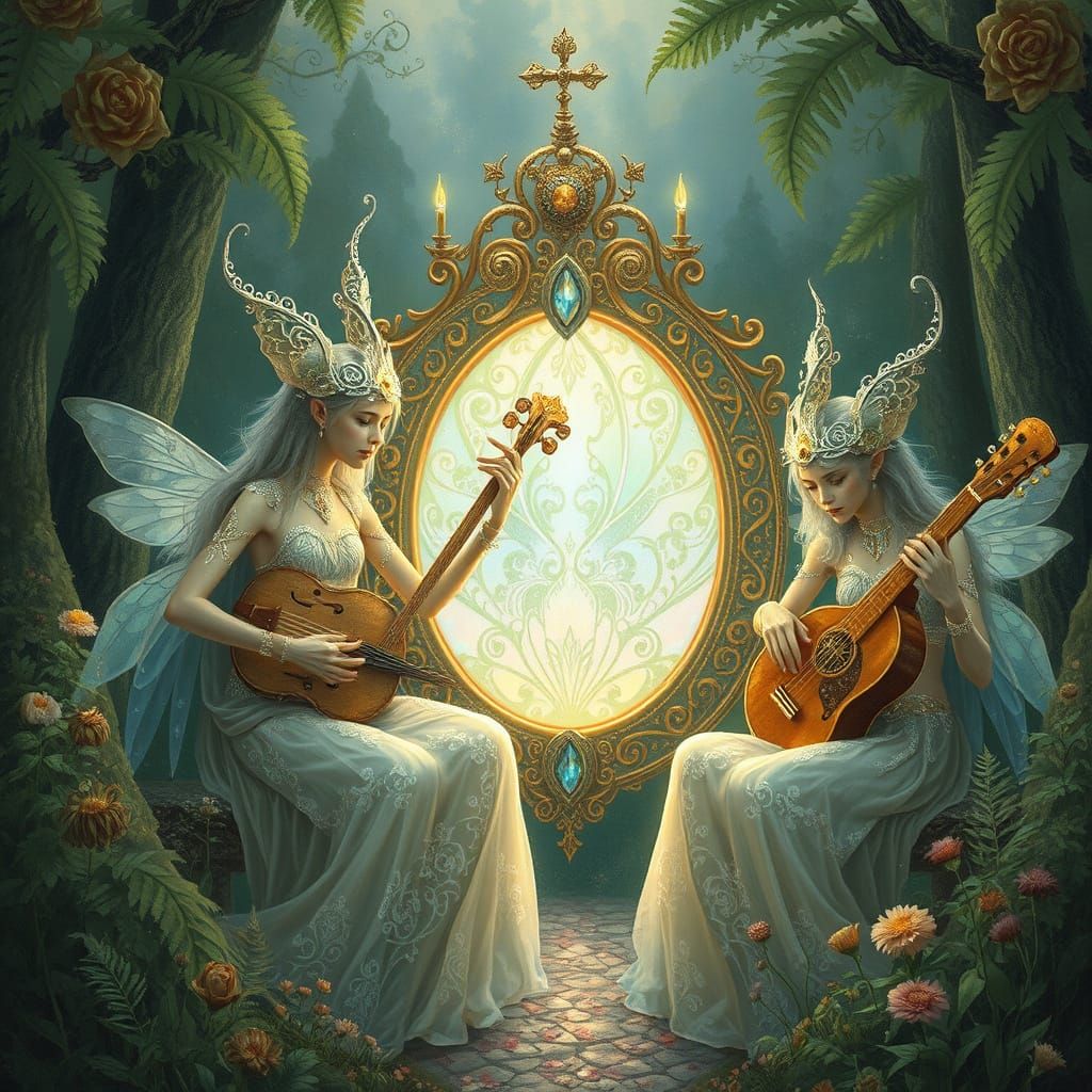 Ethereal High Fae Musicians Gather Around a Shimmering Porta...