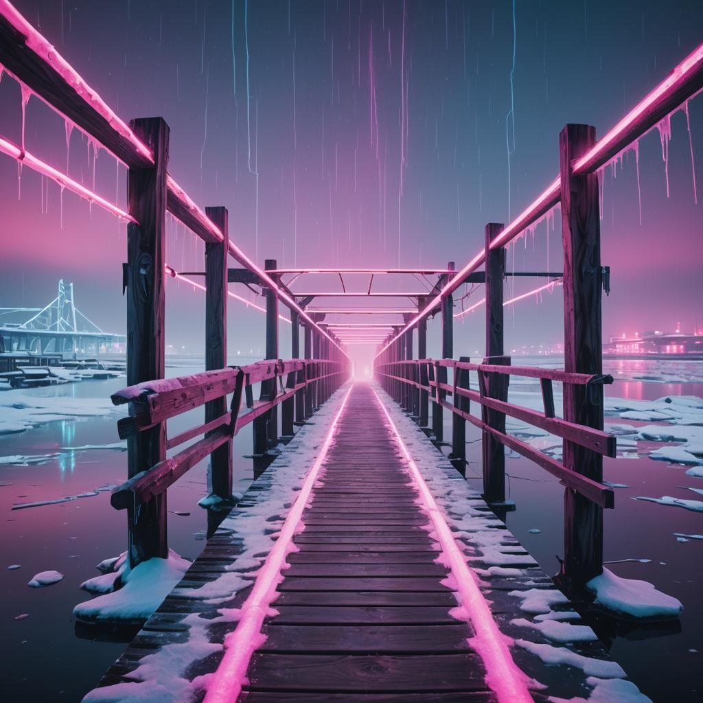 Neon Boardwalk Bridges on Thin Ice: Synthwave Style