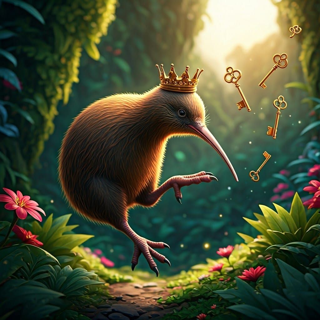Majestic Kiwi Kicking Gold Keys in Flight