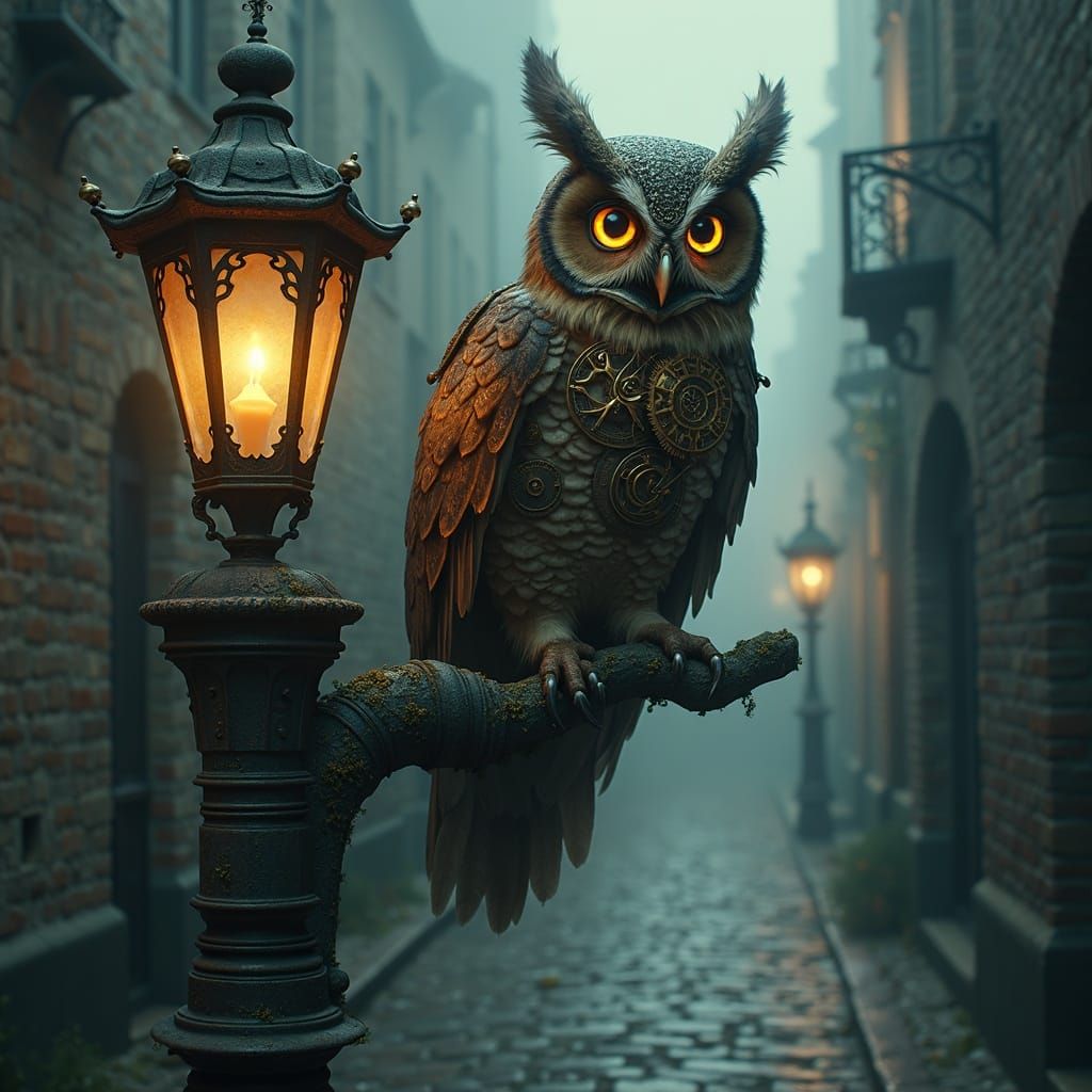 Steampunk Owl on Victorian Lamppost, Gothic Illustration Sty...