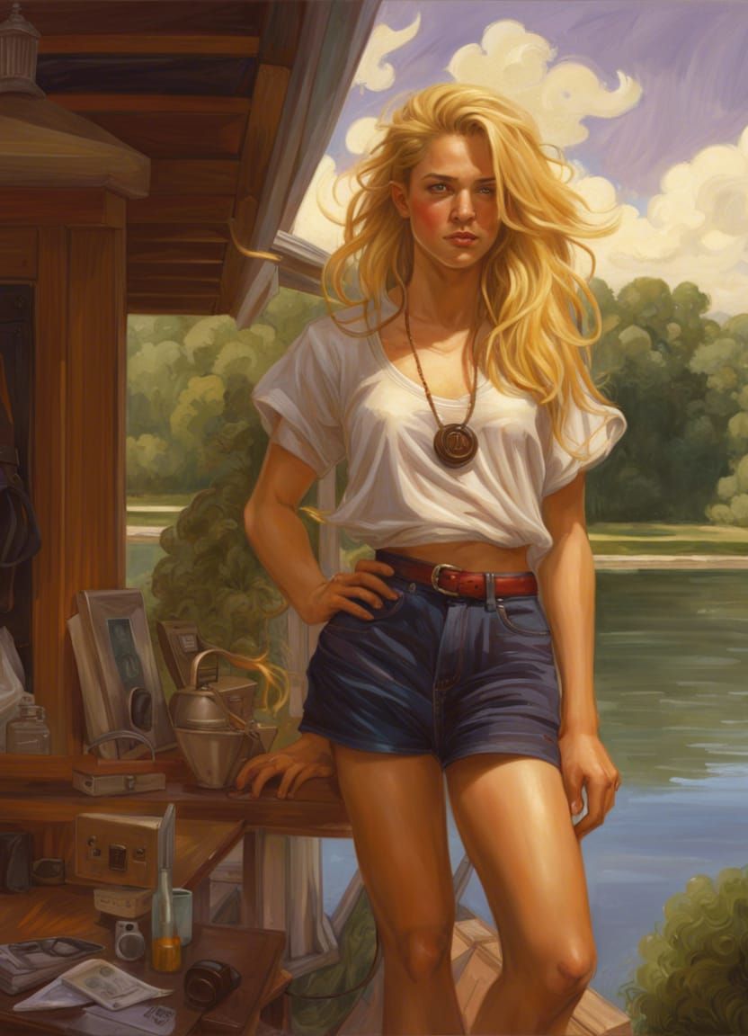 Woman on Lake House Patio in Painted Illustration Style
