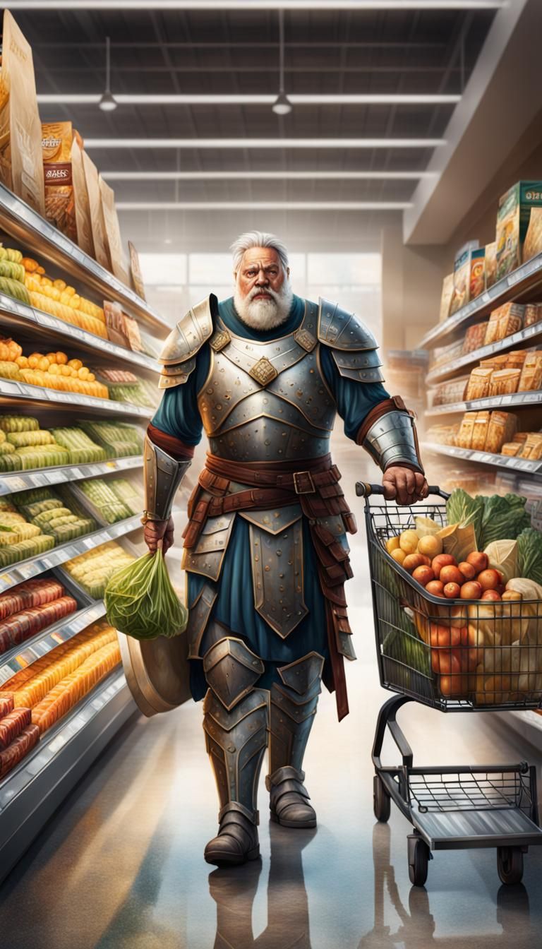 Armored Warrior Buys Groceries: Hyperrealistic Concept Art
