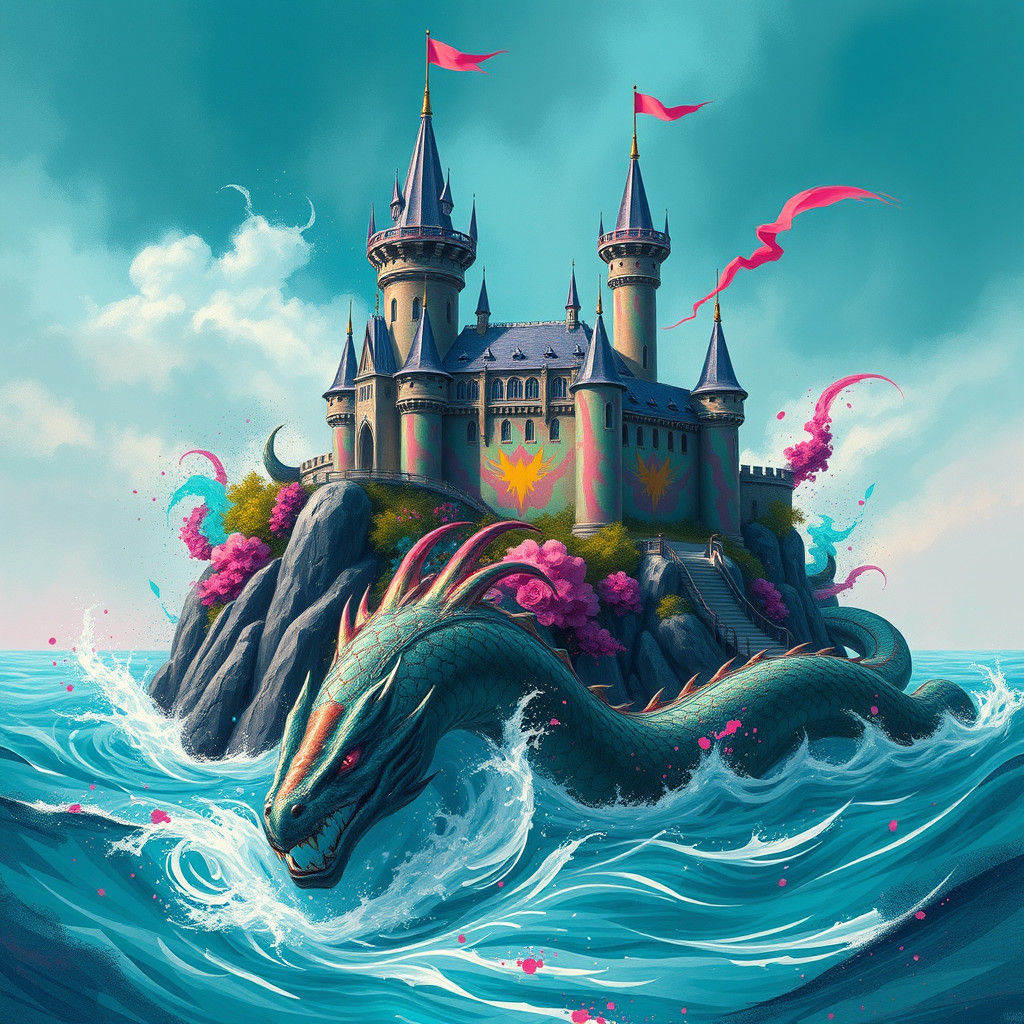 Mystical Castle with Sea Monster in Graffiti Art Style