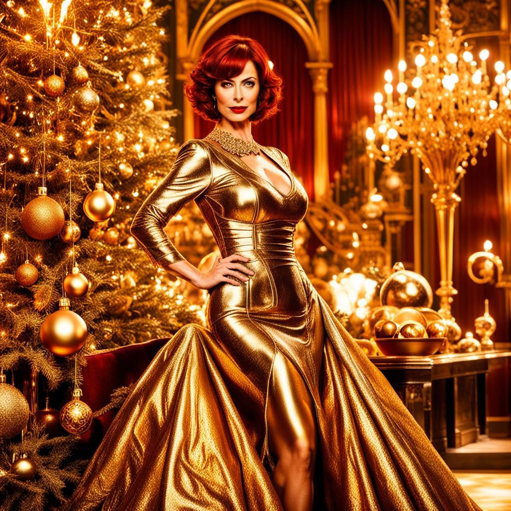 Glamorous Woman in Gold Dress, Hyperrealistic Portrait