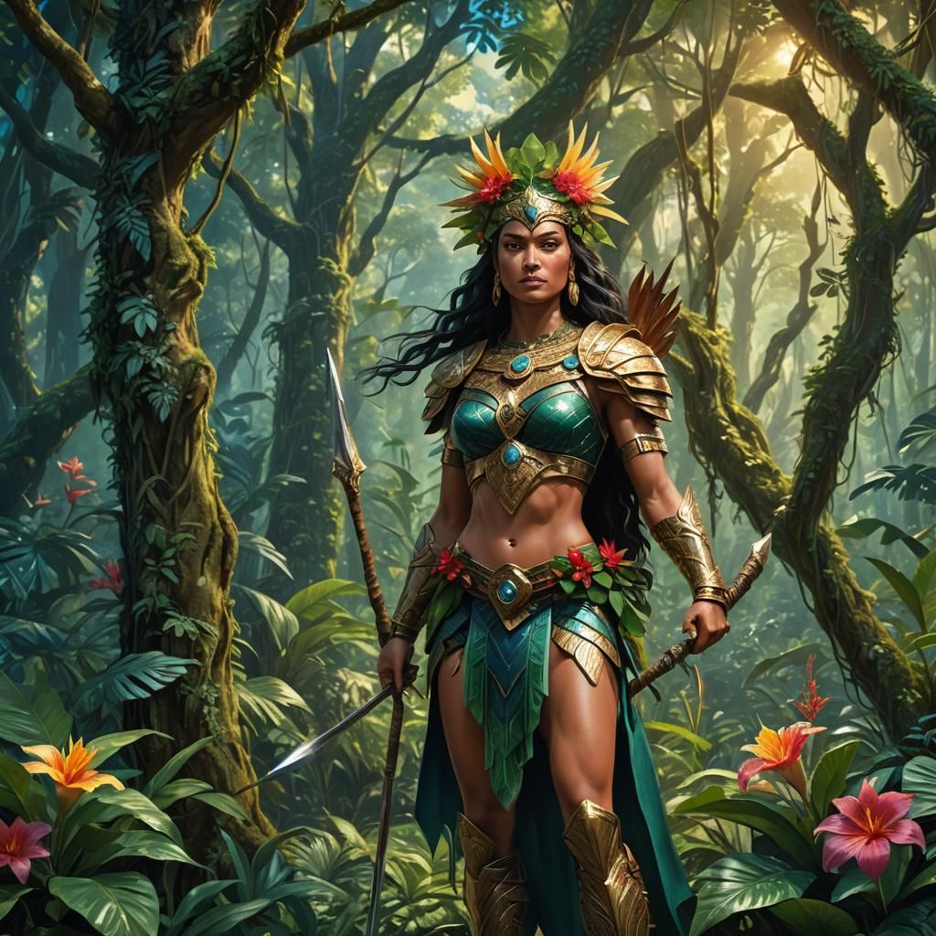 Amazonian Warrior in Amazon Rainforest, Matte Painting
